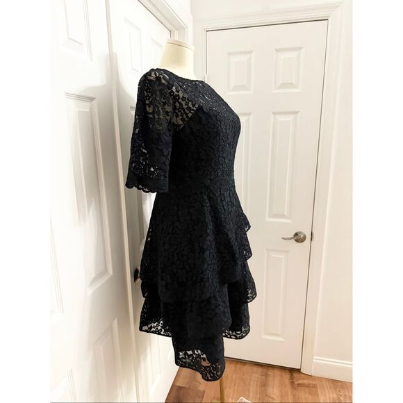 Rickie Freeman for Teri Jon Black Tiered Lace Overlay Cocktail Dress Size 16 - Picture 3 of 6